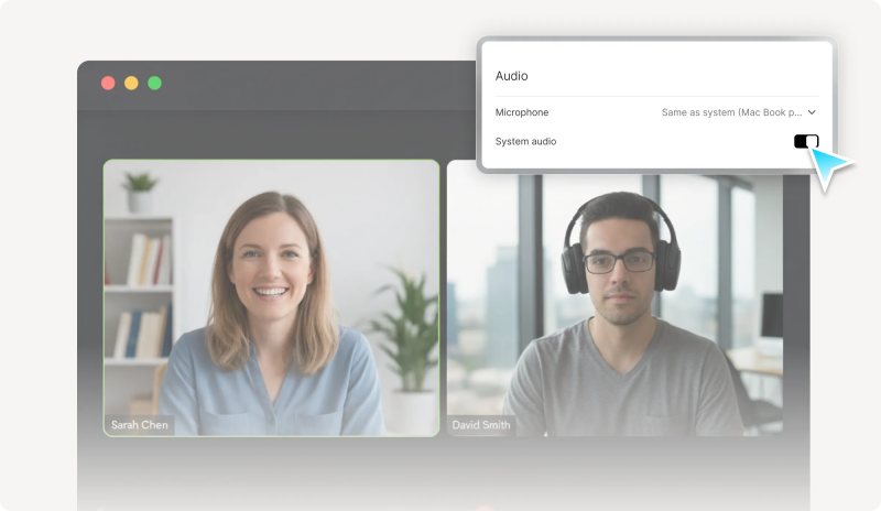Plaud Web interface showing a video call with the system audio toggle enabled for recording