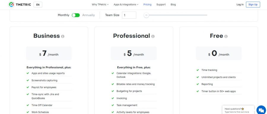 TMetric Pricing Screenshot
