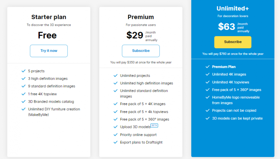 HomeByMe Pricing Screenshot