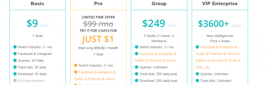 BigSpy Pricing Screenshot