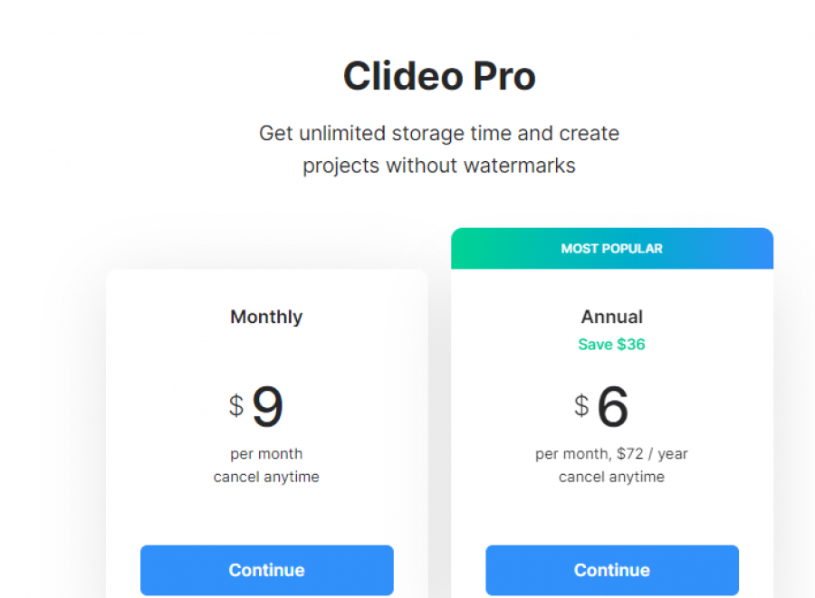 Clideo Pricing Screenshot