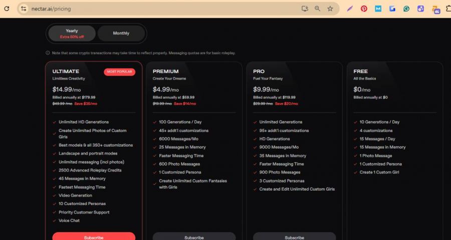 Nectar AI Pricing Screenshot