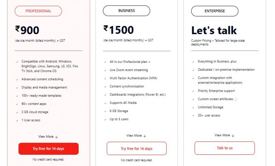 Pickcel Pricing Screenshot