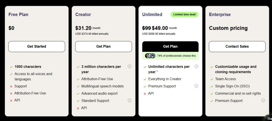 Play.ht Pricing Screenshot