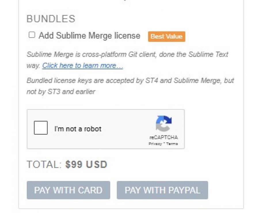 Sublime Text Pricing Screenshot