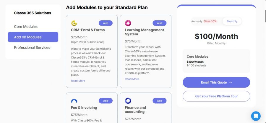 Classe365 Pricing Screenshot