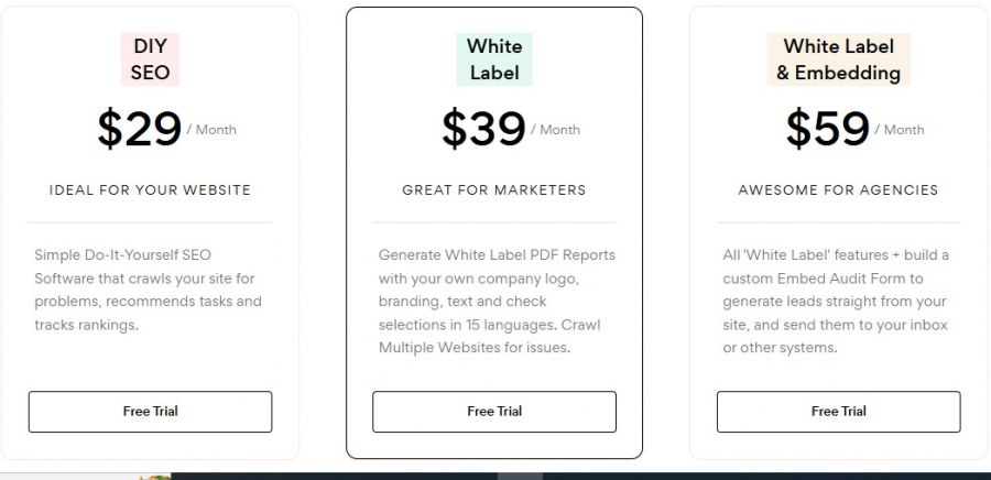 SEOptimer Pricing Screenshot