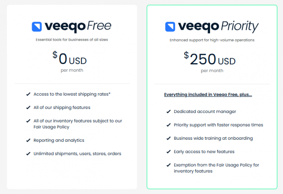 Veeqo Pricing Screenshot