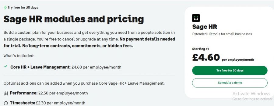 Sage HR Pricing Screenshot