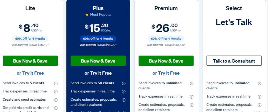 FreshBooks Pricing Screenshot