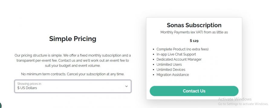 Sonas Pricing Screenshot