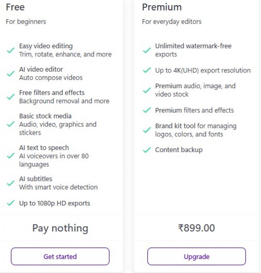 ClipChamp Pricing Screenshot