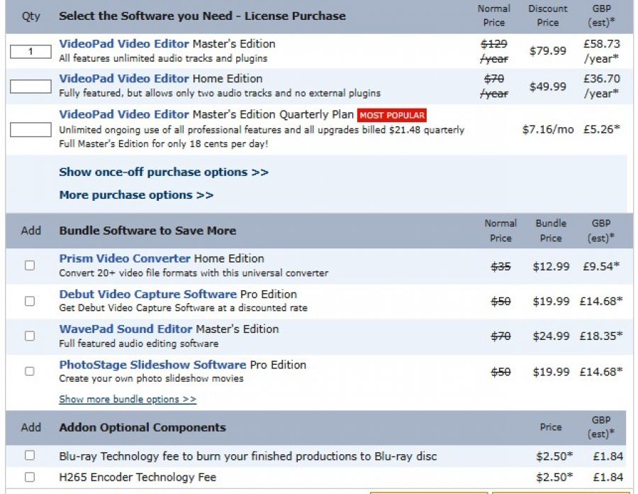 VideoPad Pricing Screenshot