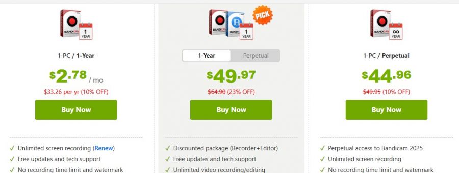Bandicam Pricing Screenshot