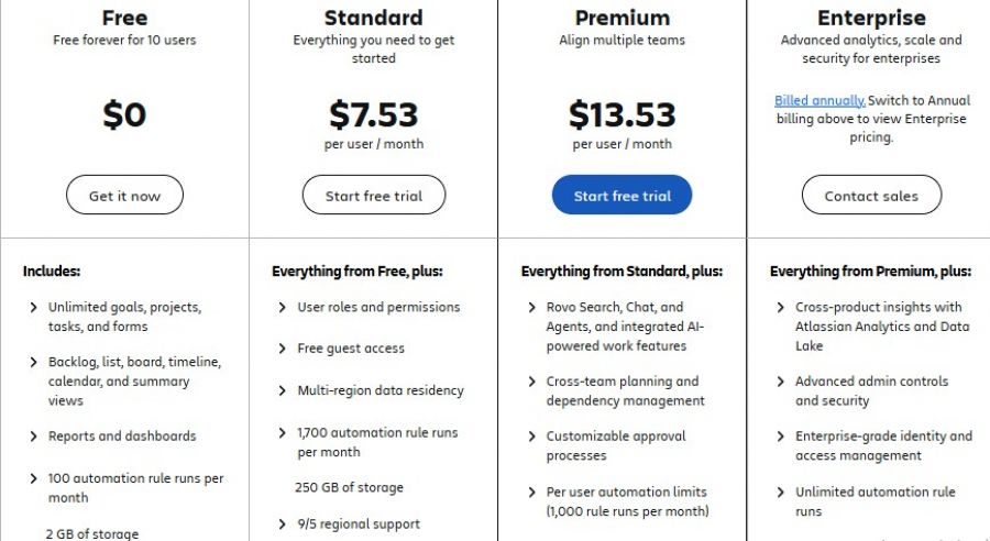 Jira Pricing Screenshot