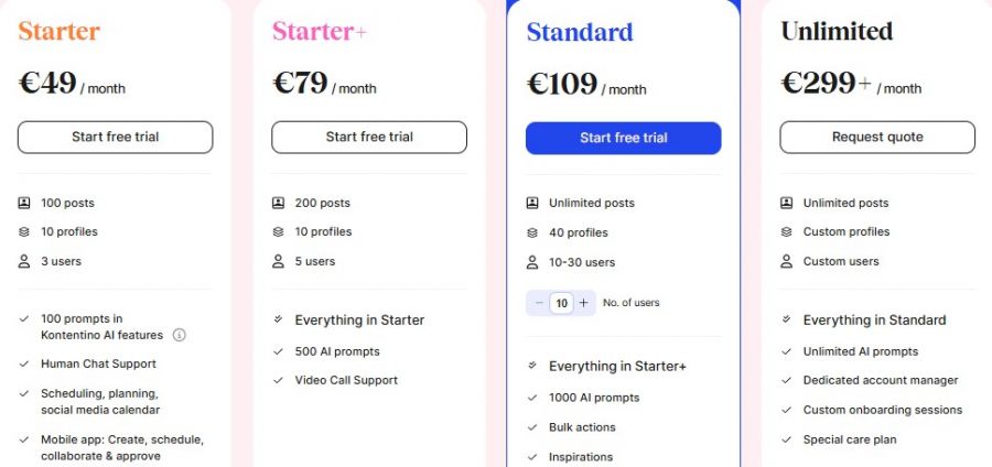 Kontentino Pricing Screenshot
