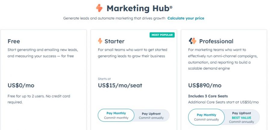 HubSpot Marketing Hub Pricing Screenshot