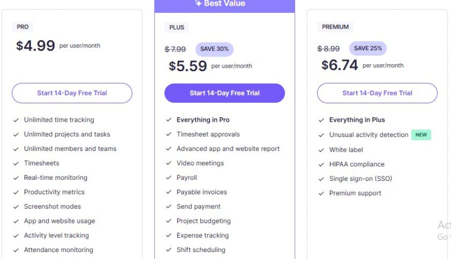 WebWork Pricing Screenshot