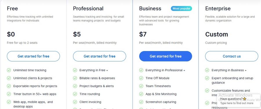 TMetric Pricing Screenshot