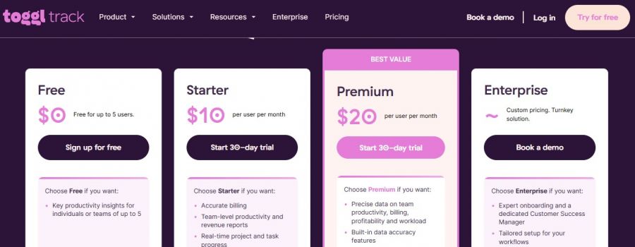 Toggl Track Pricing Screenshot