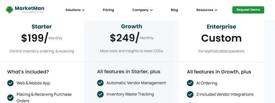 MarketMan Pricing Screenshot