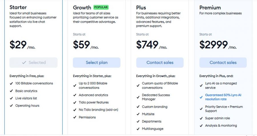 Tidio Pricing Screenshot