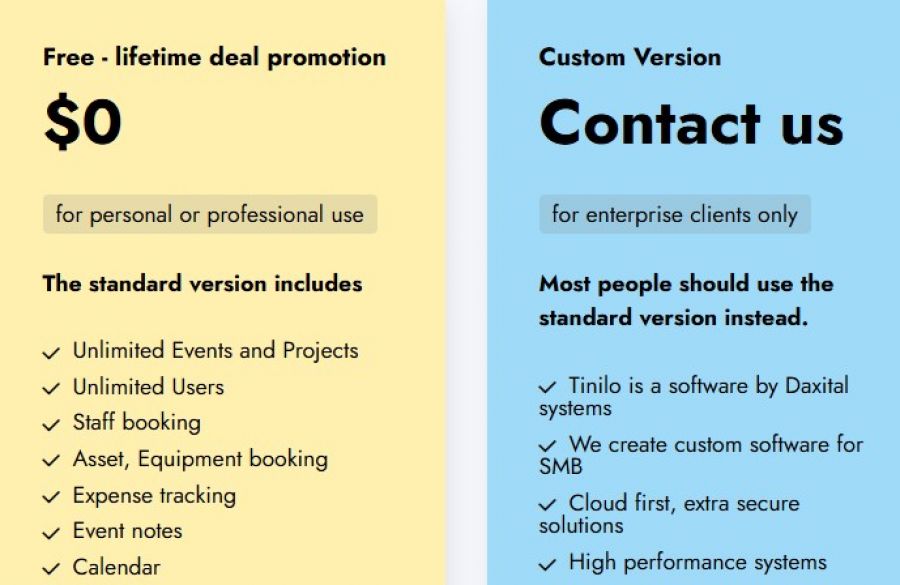 Tinilo Pricing Screenshot