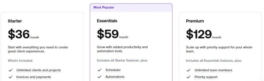 HoneyBook Pricing Screenshot