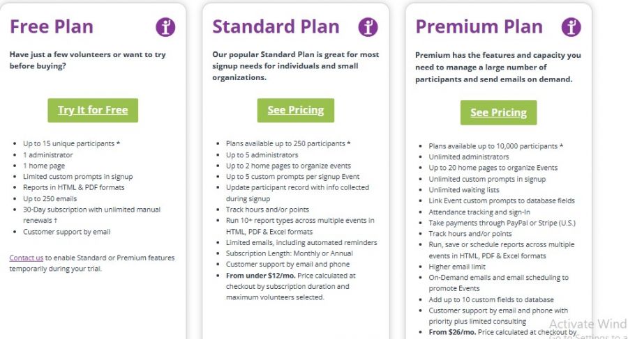 Ivolunteer Pricing Screenshot