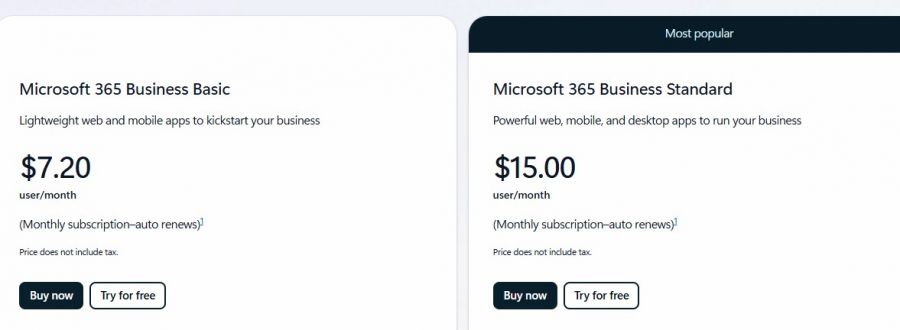 Microsoft  365 Pricing Screenshot