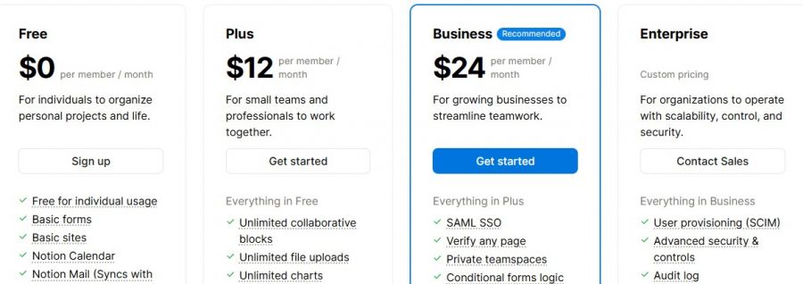 Notion Pricing Screenshot