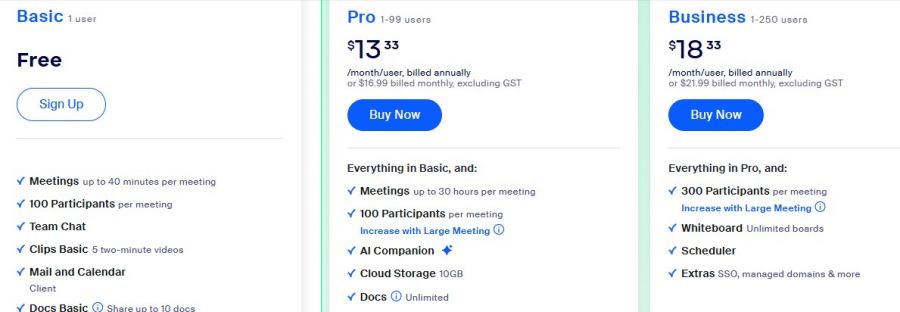 Zoom Pricing Screenshot