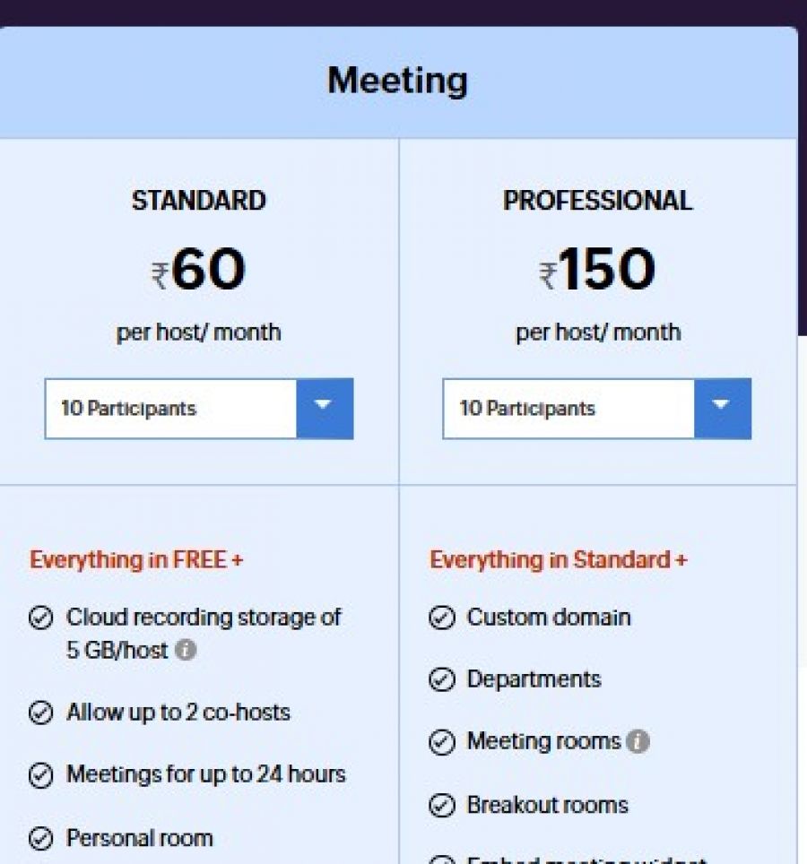 Zoho Meeting Pricing Screenshot