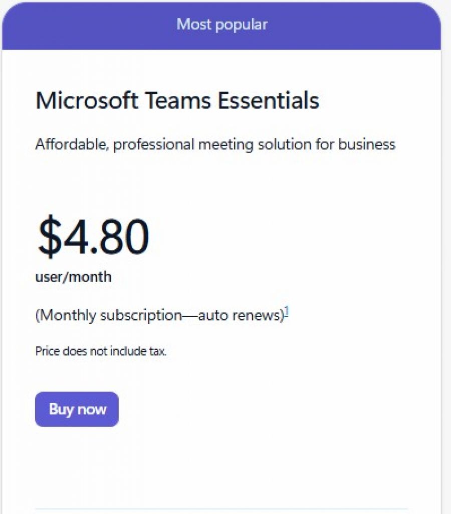 Microsoft Teams Pricing Screenshot