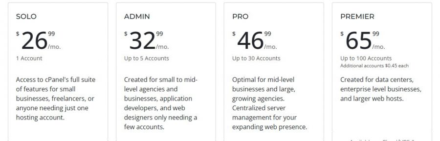 cPanel Pricing Screenshot