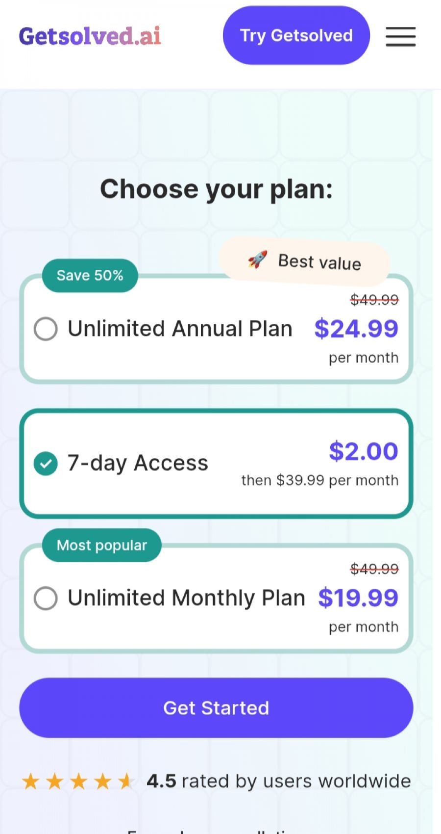 Getsolved Pricing Screenshot