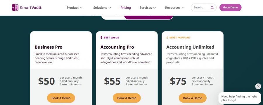 SmartVault Pricing Screenshot