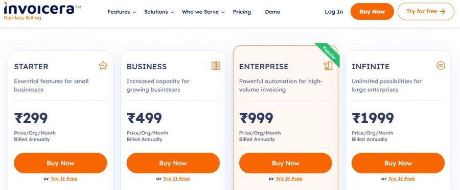 Invoicera Pricing Screenshot