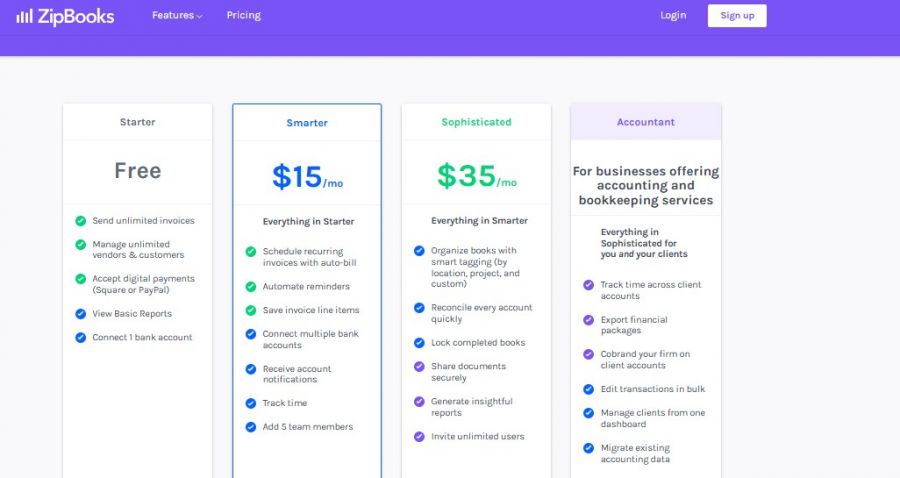 ZipBooks Pricing Screenshot