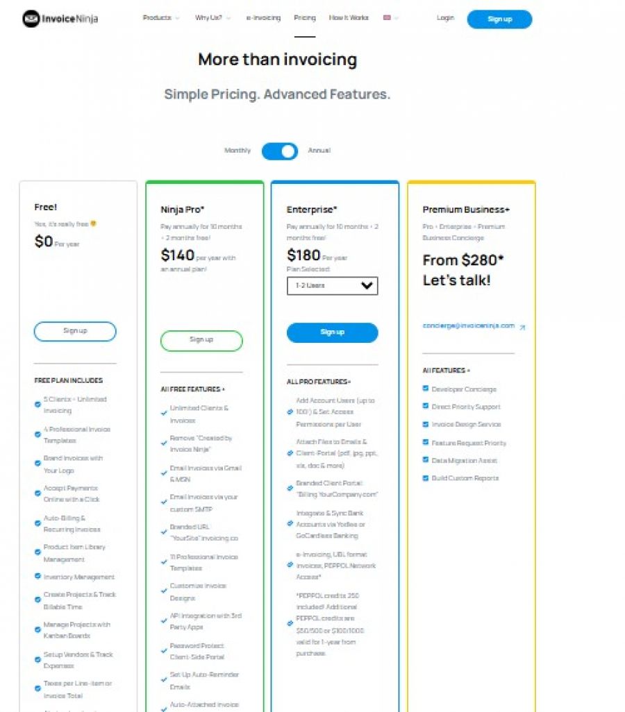 InvoiceNinja Pricing Screenshot