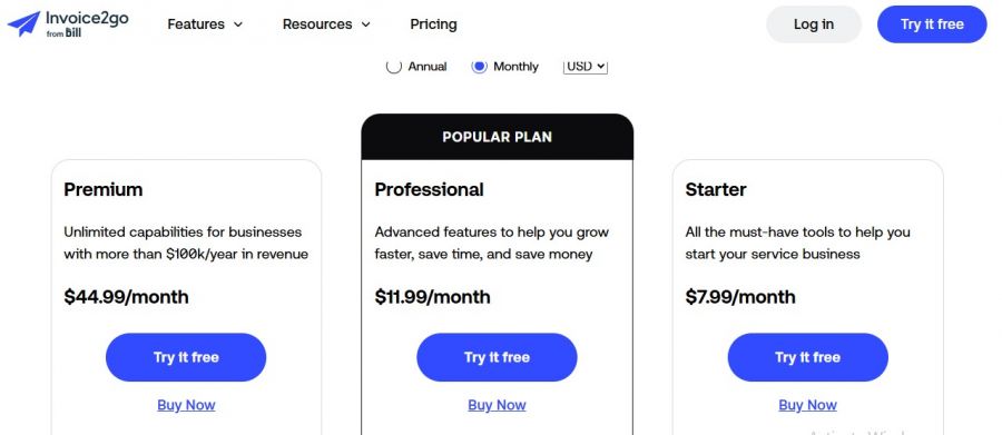 Invoice2Go Pricing Screenshot