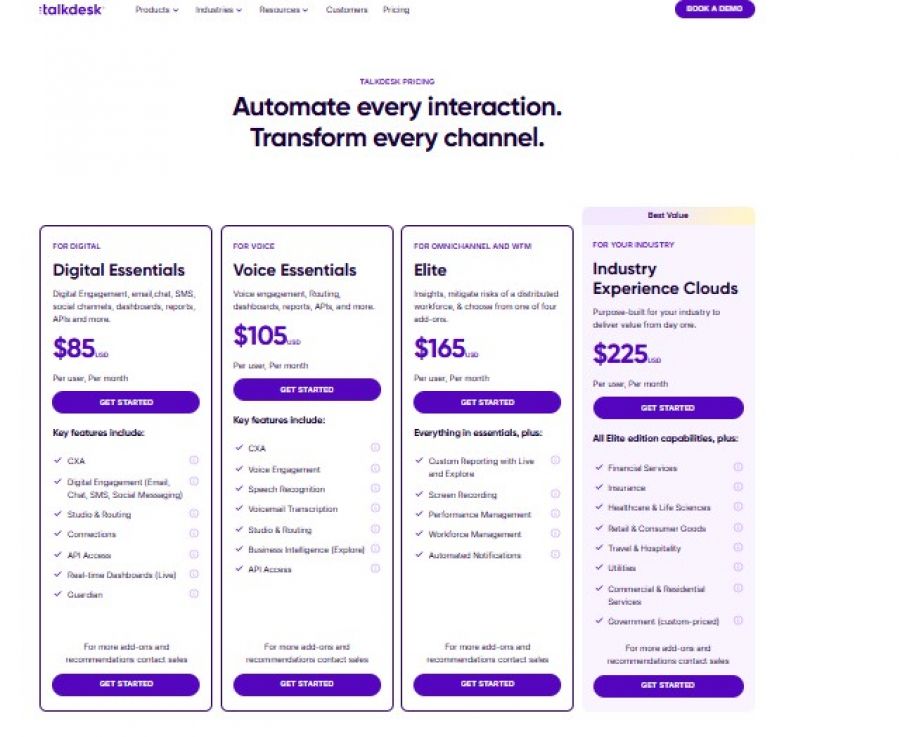 Talkdesk Pricing Screenshot
