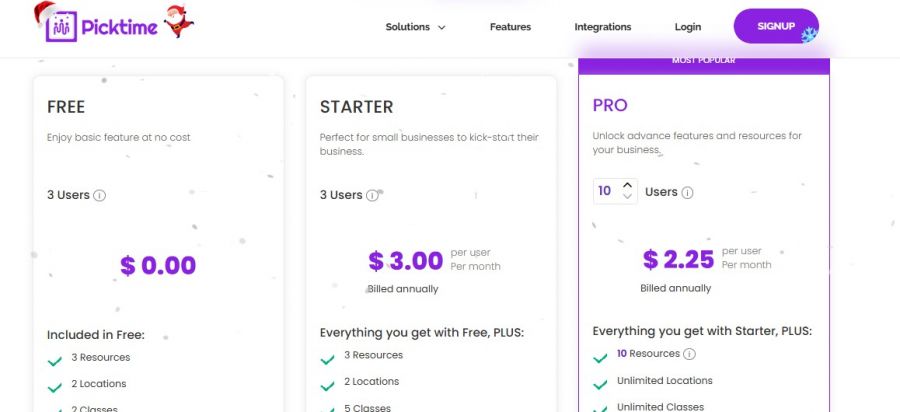 Picktime Pricing Screenshot