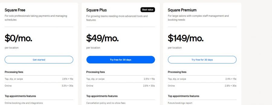 Square Appointments Pricing Screenshot