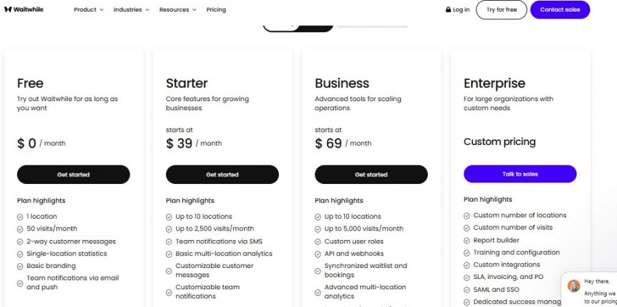 Waitwhile Pricing Screenshot