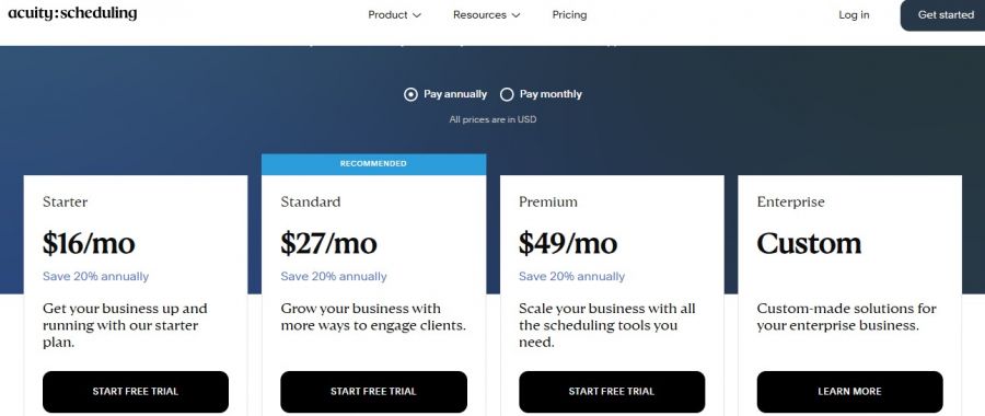 Acuity Scheduling Pricing Screenshot