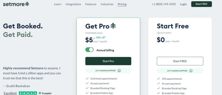 Setmore Pricing Screenshot
