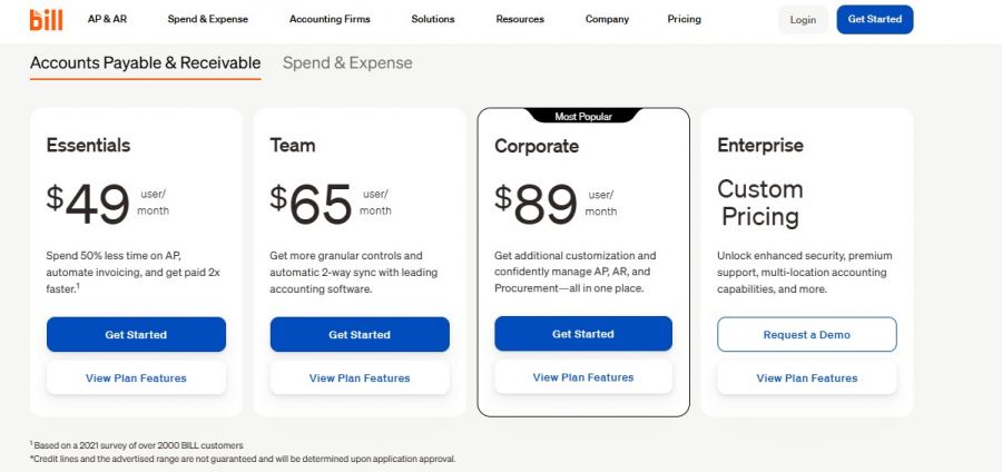 Bill.com Pricing Screenshot