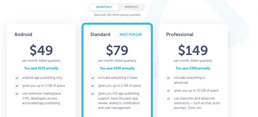 Shoutem Pricing Screenshot