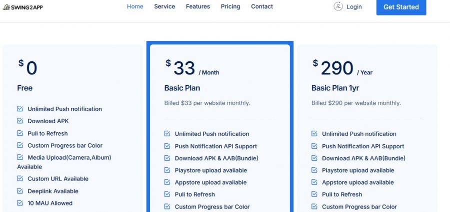Swing2App Pricing Screenshot